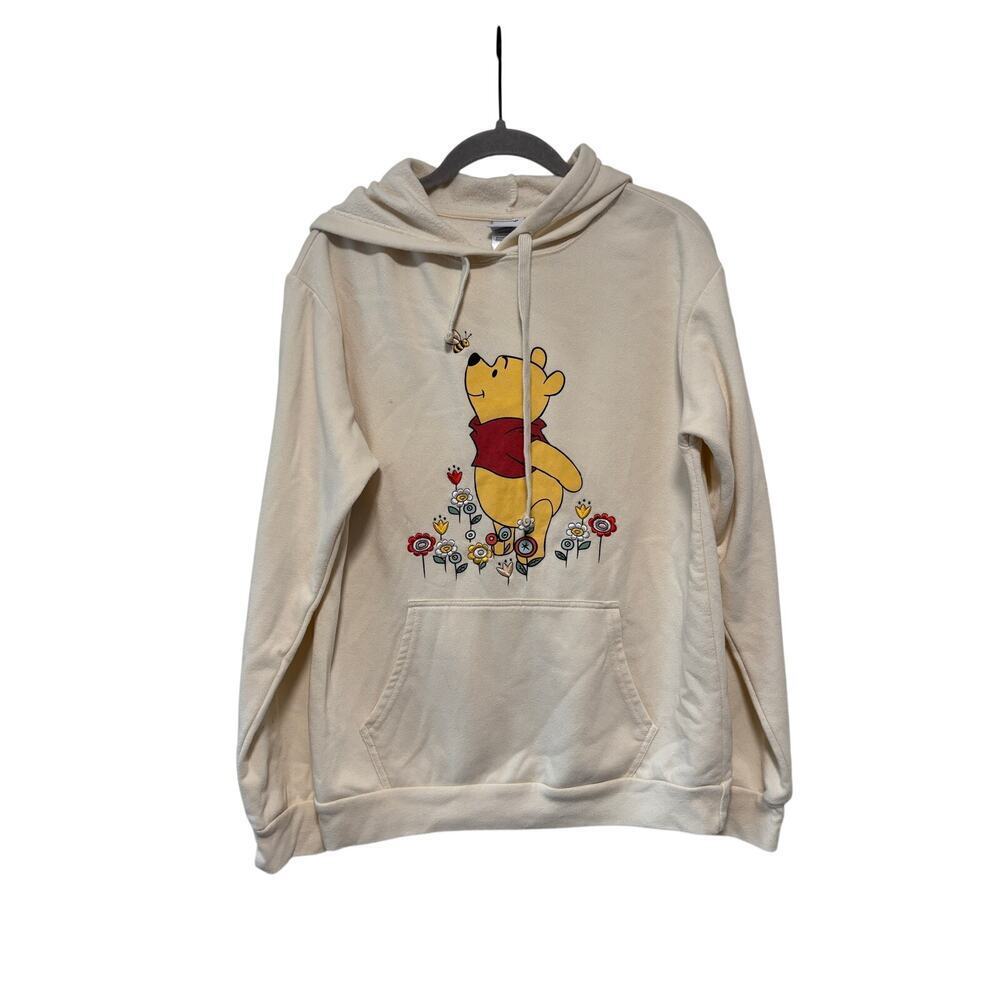 Disney Winnie the Pooh Women’s Large Cream Fleece Hoodie Floral Pullover LG - Picture 2 of 8